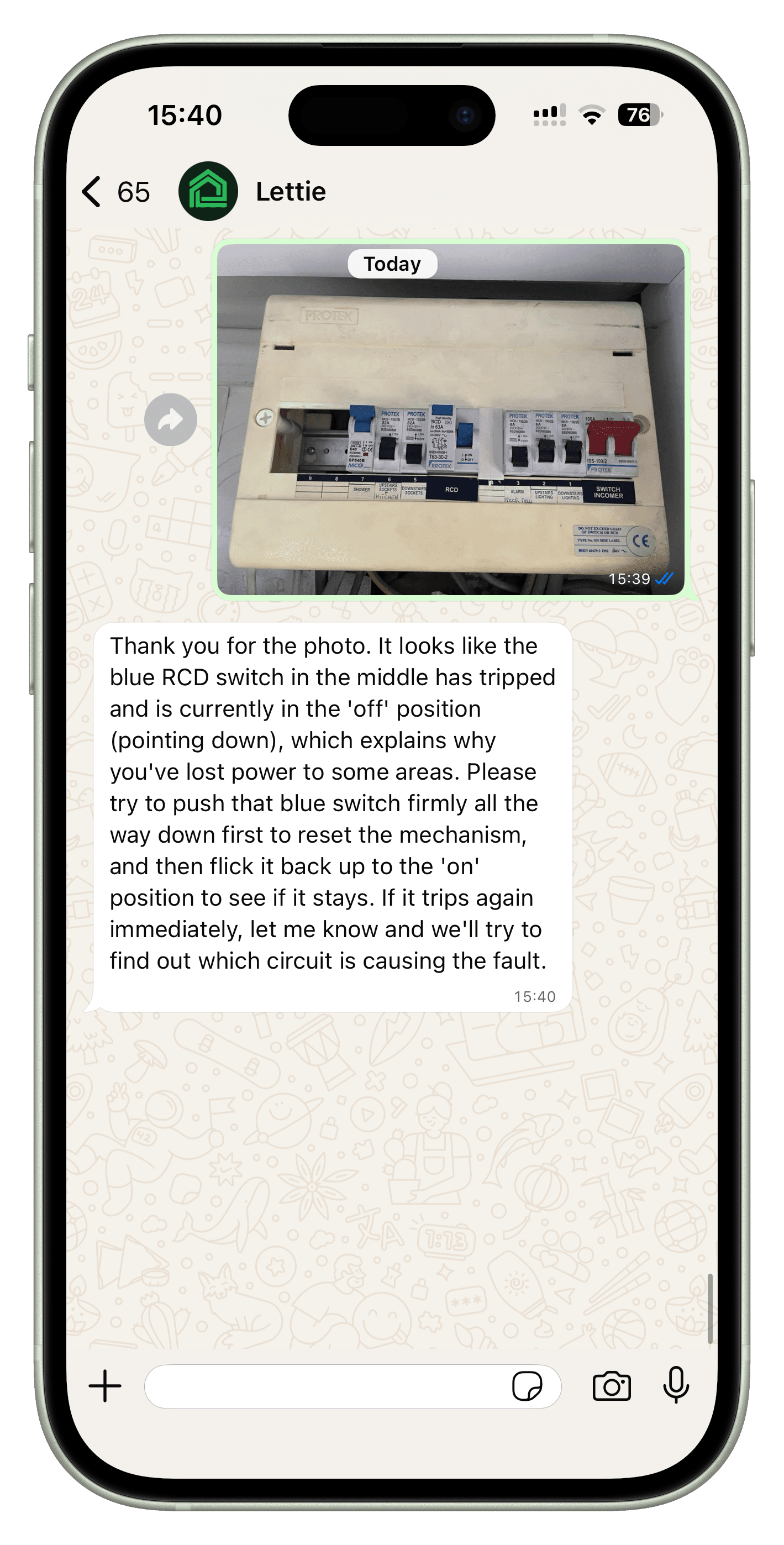 Lettie WhatsApp AI photo analysis identifying a tripped RCD switch and providing step-by-step guidance