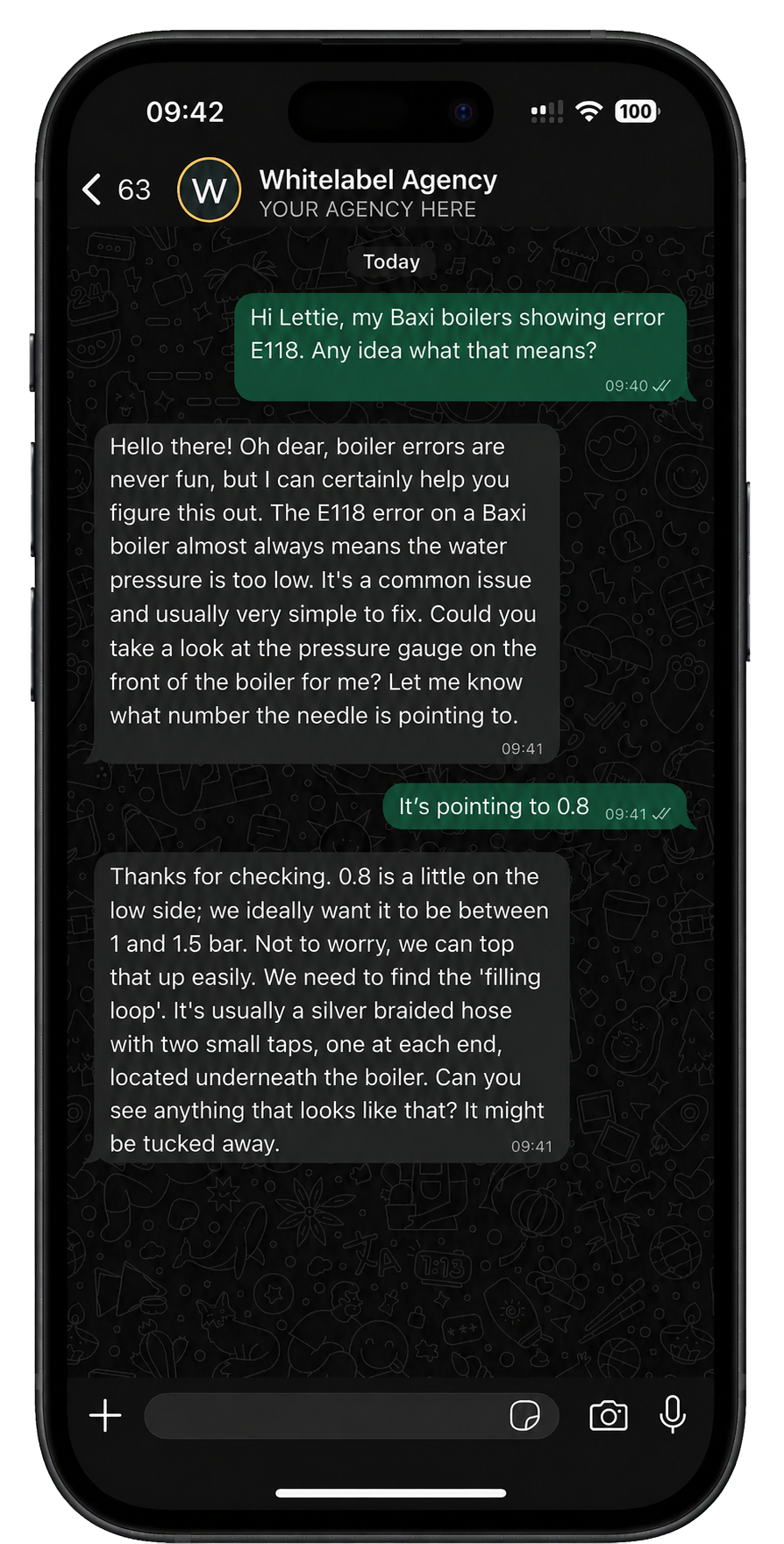 White-label agency WhatsApp conversation in dark mode