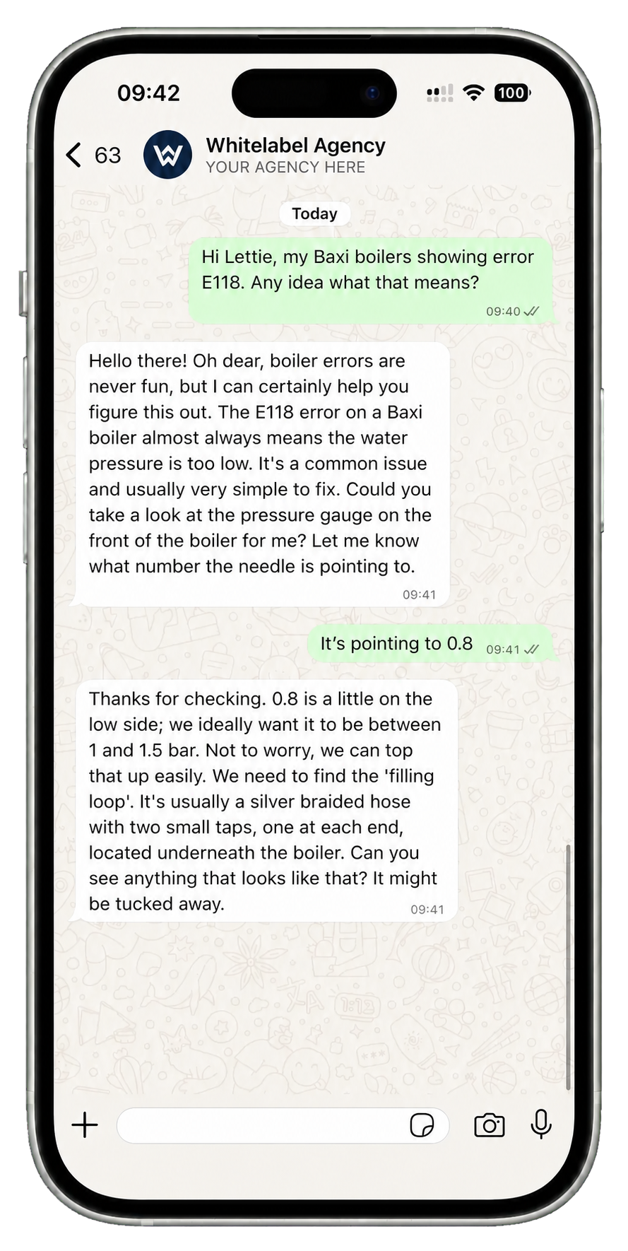White-label agency WhatsApp conversation in light mode